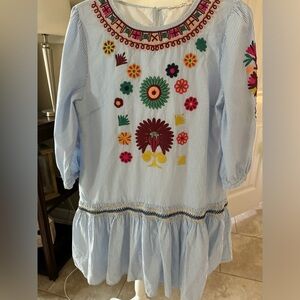 EUC  Ellison embroidered striped peplum  Mini dress SZ M pit2pit 18”, length 33”